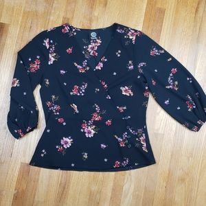 Bobeau Floral 3/4 Sleeve Wrap Button Blouse